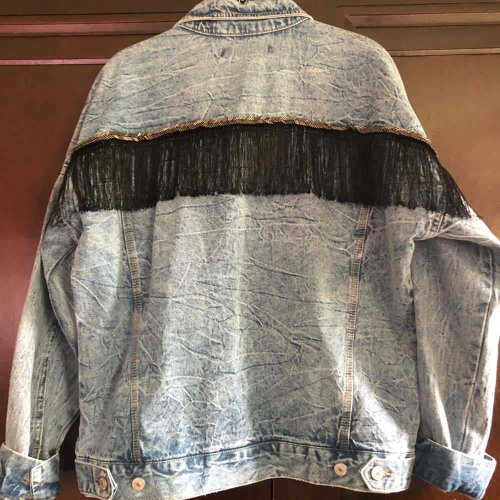 Hand detailed acid wash denim jacket with fringe